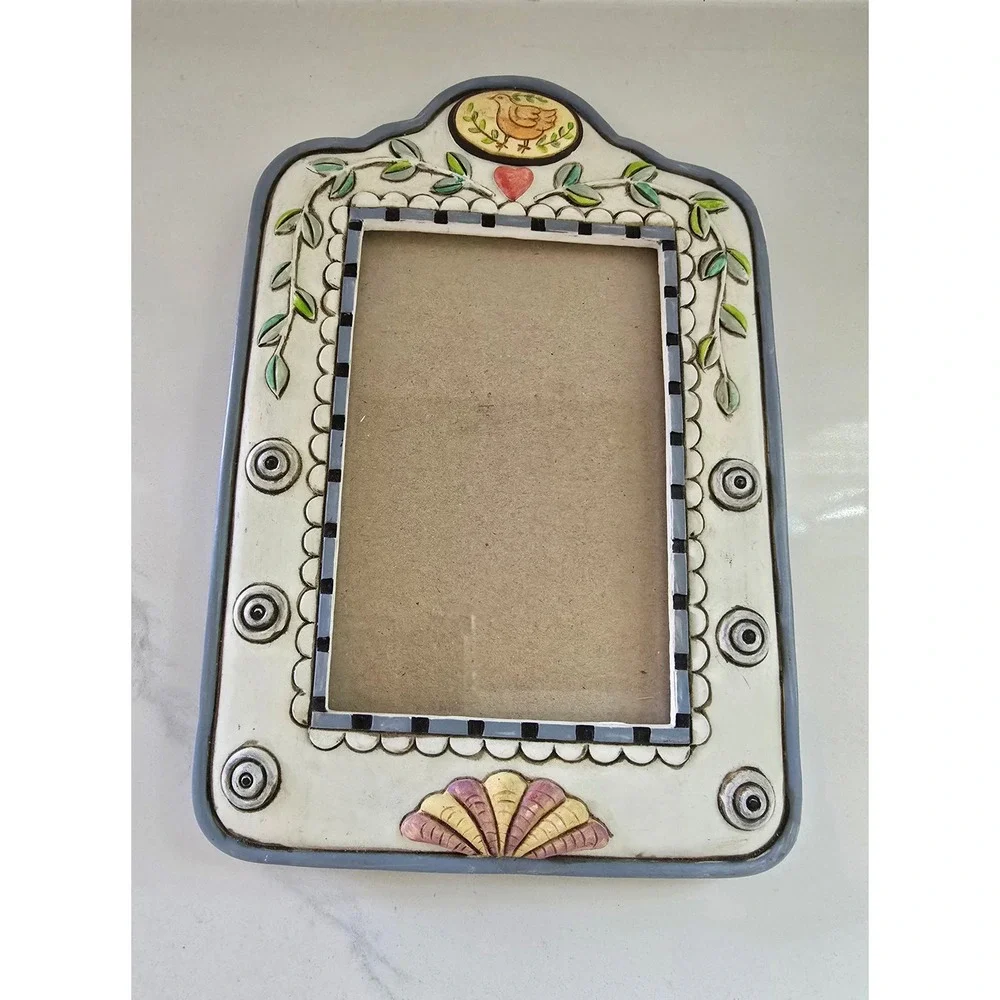 Transland‎ Vintage Folk Art Bird and Heart Resin Picture Frame Blue Cream 4x6